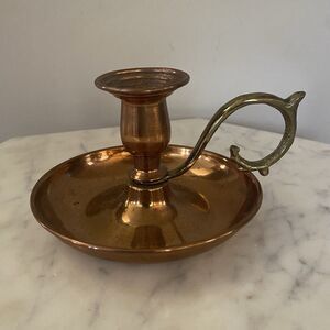 Vintage Copper Brass Chamber Candle Stick Holder Finger Loop Drip Tray Turkish